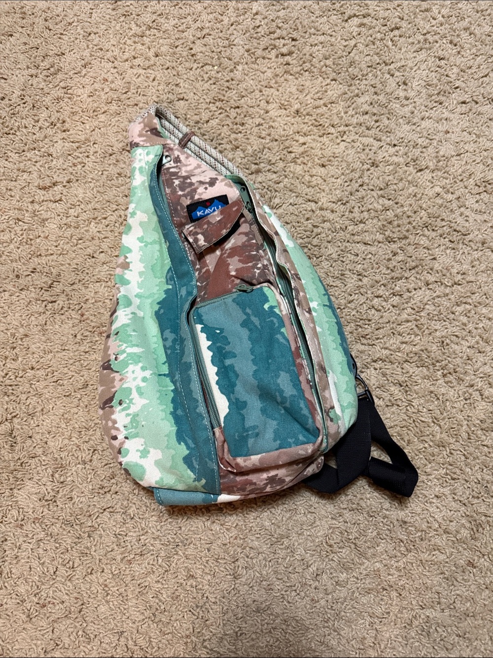 Kavu Rope Sling Bag in Teal, Mint & Brown Camo & Wallet